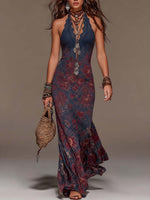 Verónica | Vestito maxi in pizzo rétro con collo halter, stampa floreale e coda di pesce