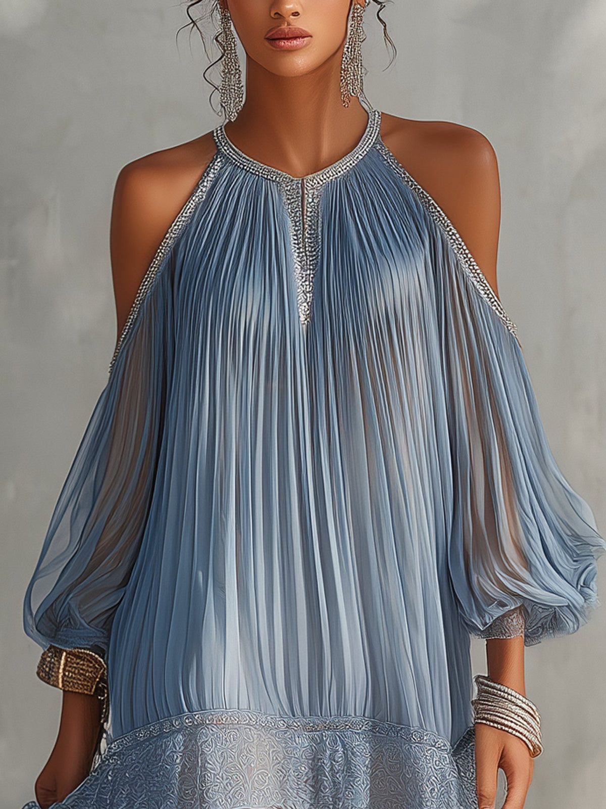 Corallo | Vestito Mini Stropicciato Blu con Spalle Scoperte e Orlo in Pizzo