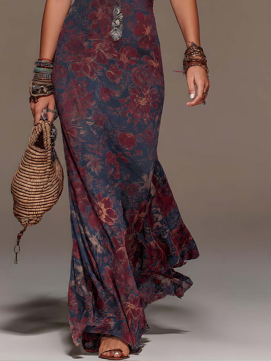 Verónica | Vestito maxi in pizzo rétro con collo halter, stampa floreale e coda di pesce