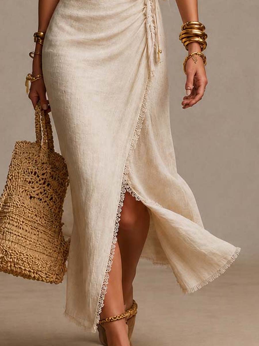 Clemencia | Vestito Midi in Lino con Scollatura Incrociata e Pizzo