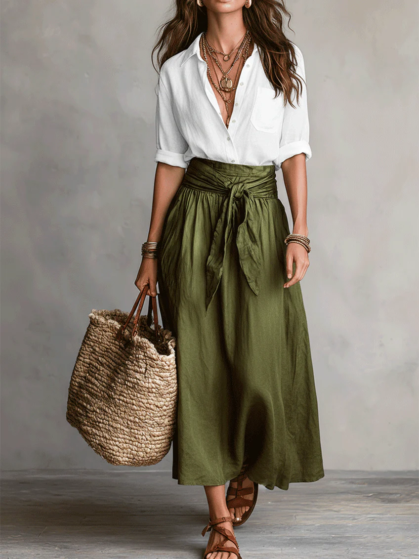 Set di Due Pezzi: Camicia Nera e Gonna Midi Verde Oliva