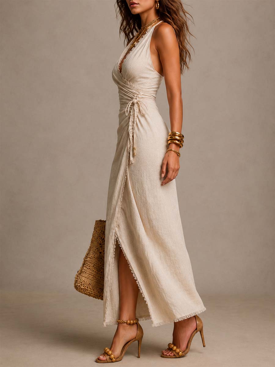 Clemencia | Vestito Midi in Lino con Scollatura Incrociata e Pizzo