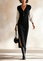 Vestito midi casual nero con scollatura a V e maniche lunghe bianche