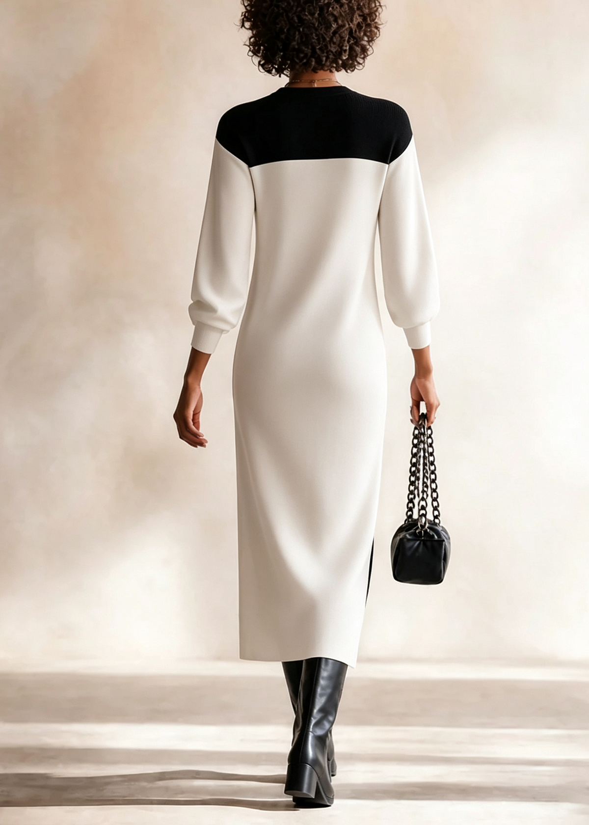 Vestito midi casual nero con scollatura a V e maniche lunghe bianche