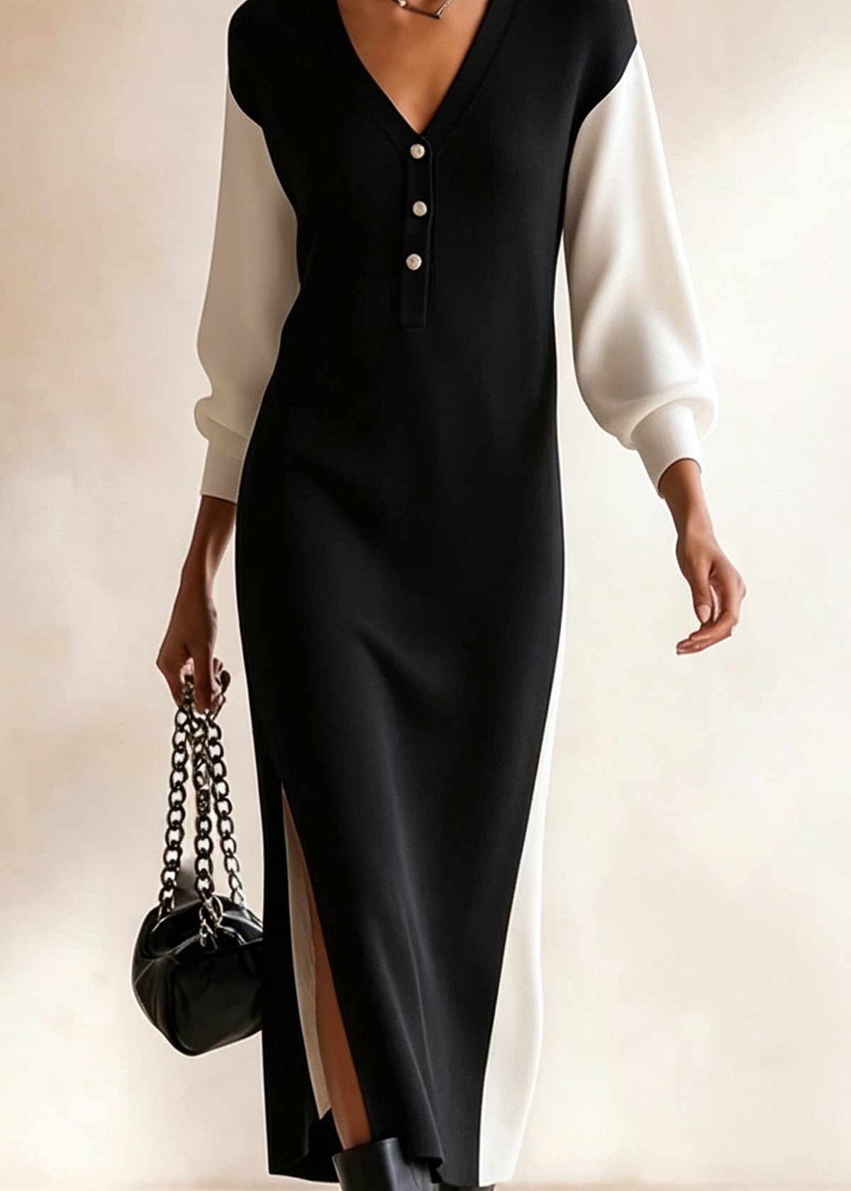 Vestito midi casual nero con scollatura a V e maniche lunghe bianche