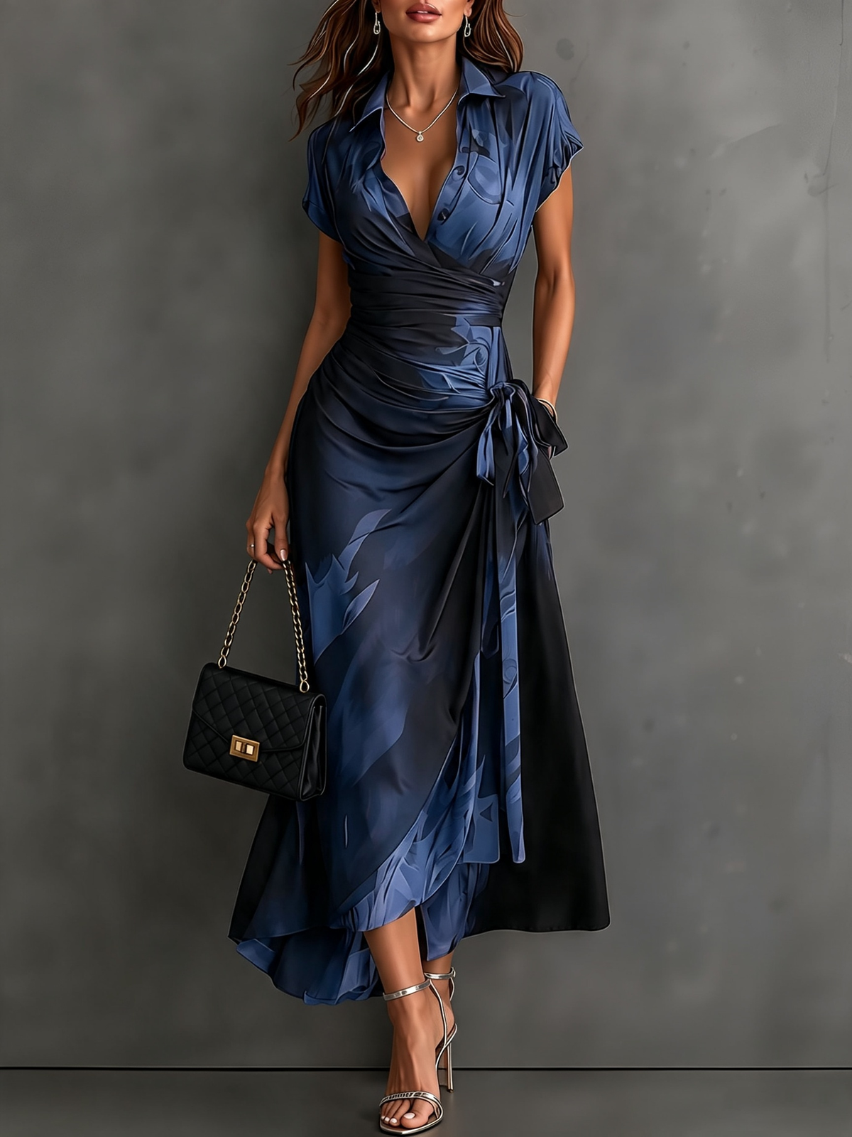 Marine | Vestito Midi Avvolgente Astratto con Collo