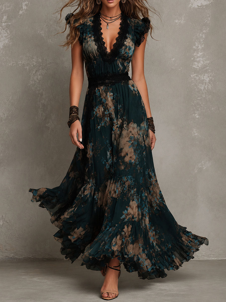 Alejandra | Vestito maxi in chiffon vintage verde scuro con pizzo