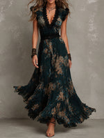 Alejandra | Vestito maxi in chiffon vintage verde scuro con pizzo