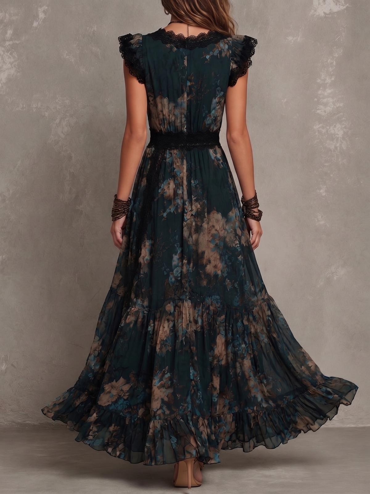 Alejandra | Vestito maxi in chiffon vintage verde scuro con pizzo