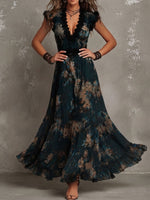Alejandra | Vestito maxi in chiffon vintage verde scuro con pizzo
