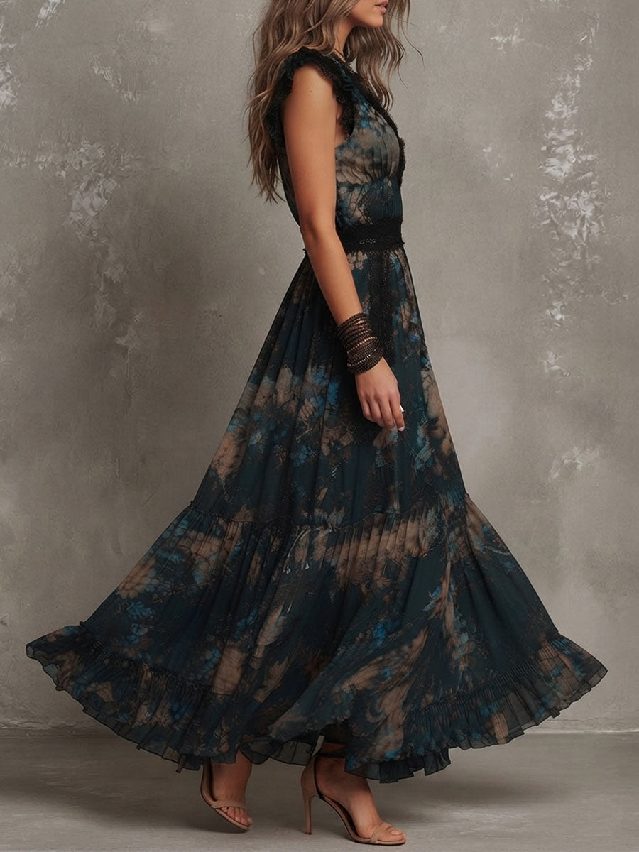 Alejandra | Vestito maxi in chiffon vintage verde scuro con pizzo