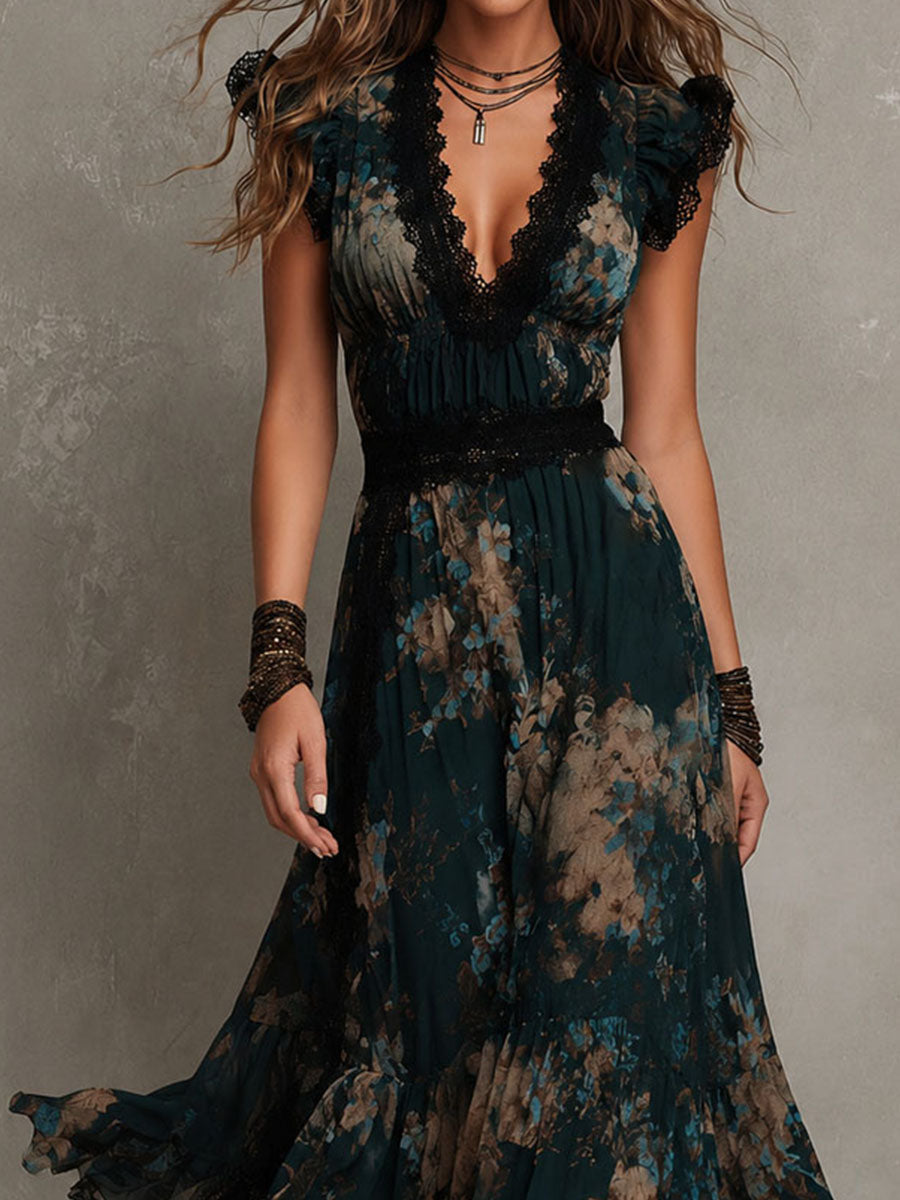 Alejandra | Vestito maxi in chiffon vintage verde scuro con pizzo