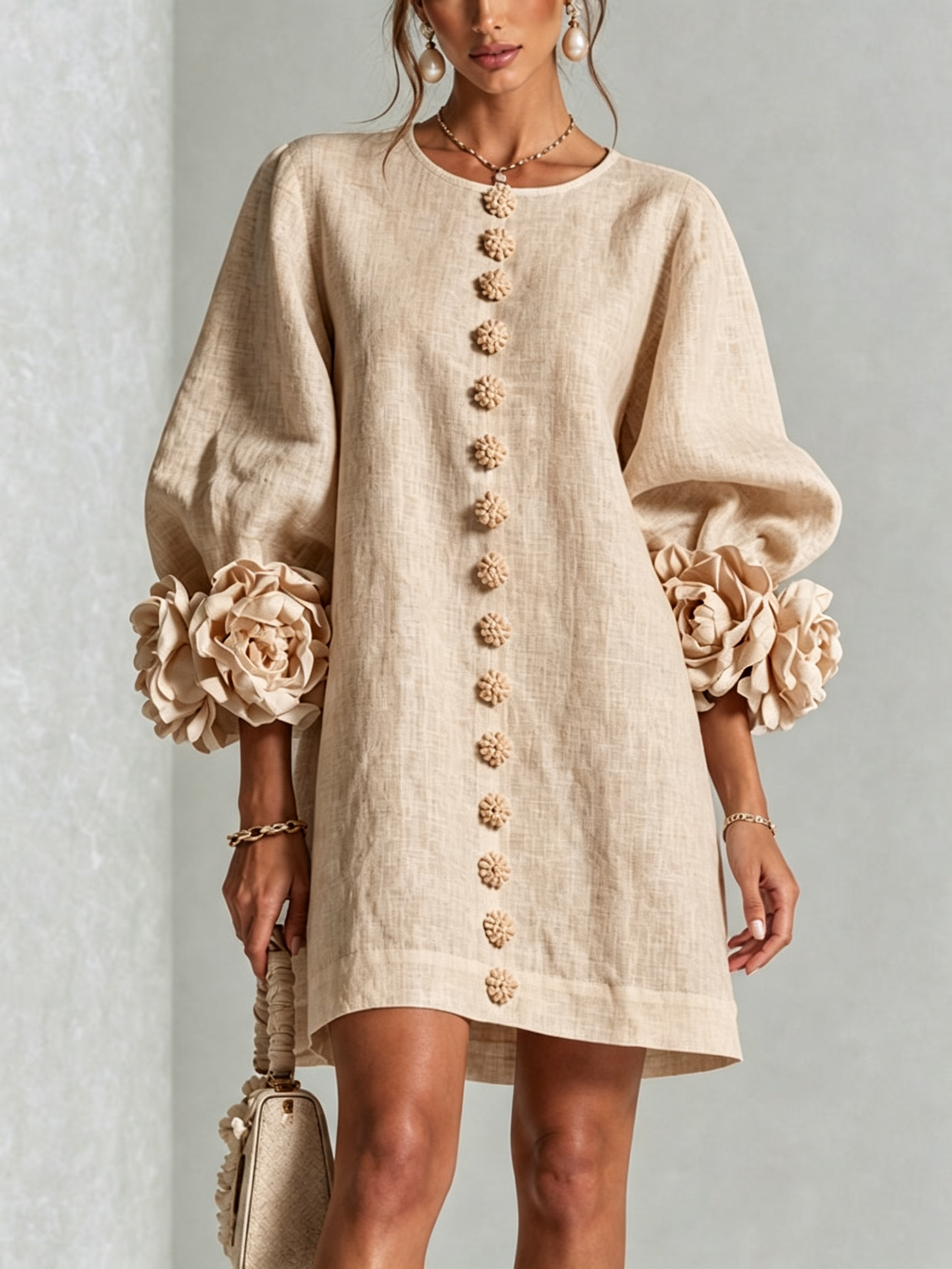 Alma | Vestito Mini Bianco con Fiori e Polsini Floreali Imponenti