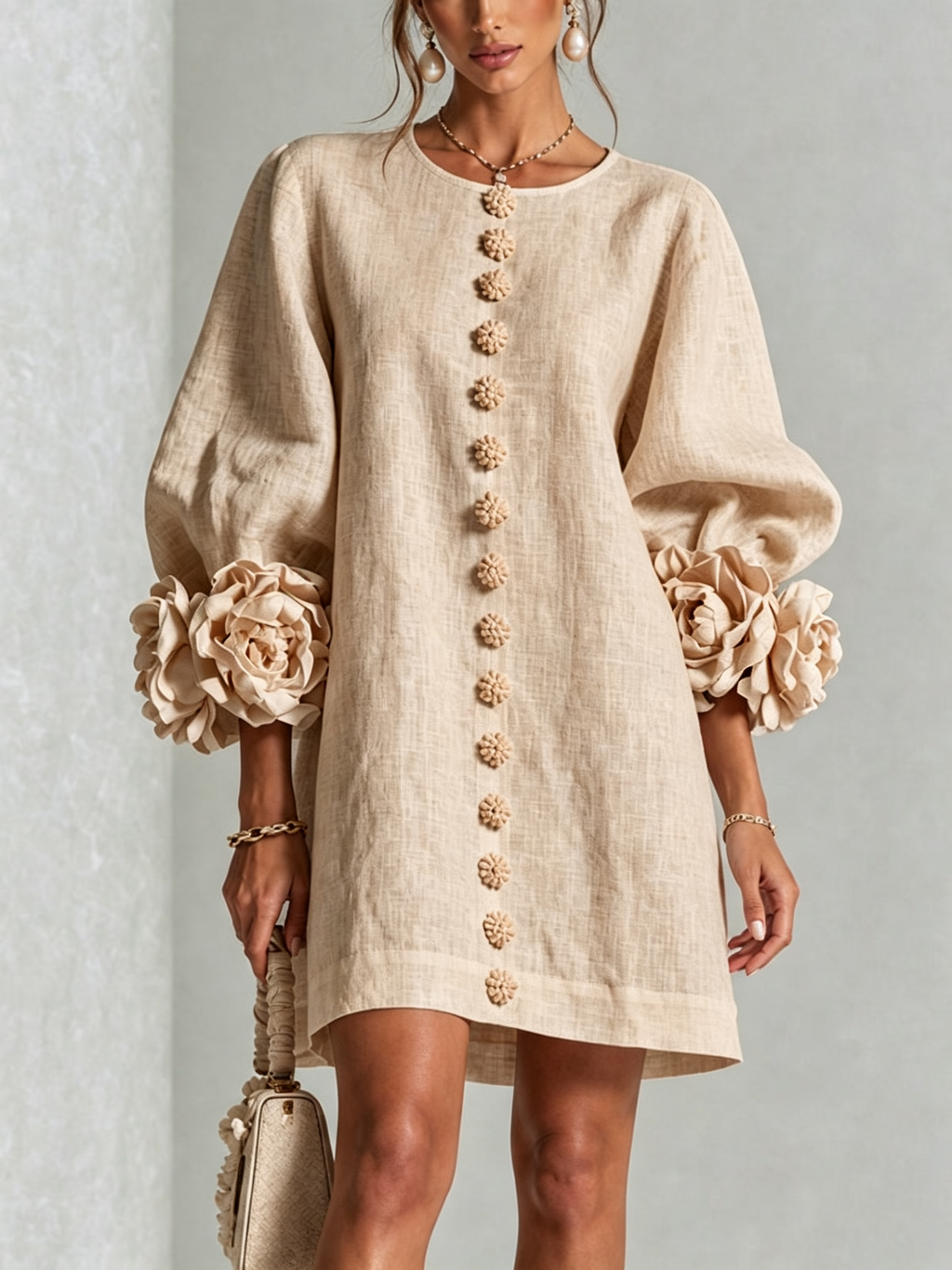 Anastasia | Vestito Mini Beige con Bottoni Floreali e Polsini Floreali Impattanti