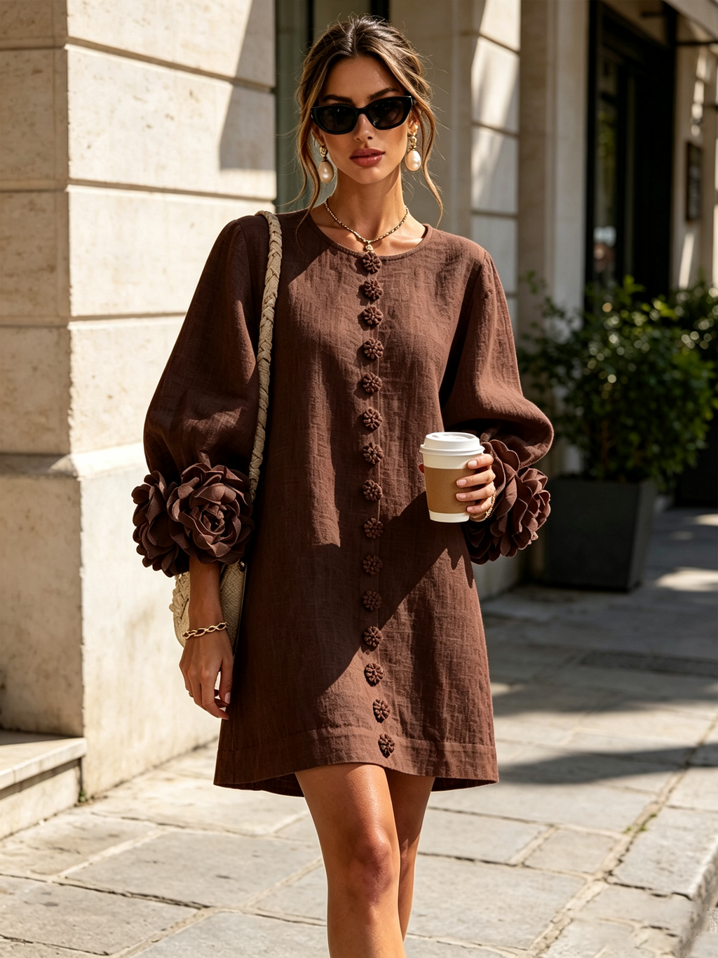 Renata | Minidress Marrone con Fiori e Polsini Floreali Impattanti