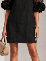 Aurea | Minidress in Organza Nera con Maniche Voluminose e Polsini a Fiore Imponenti