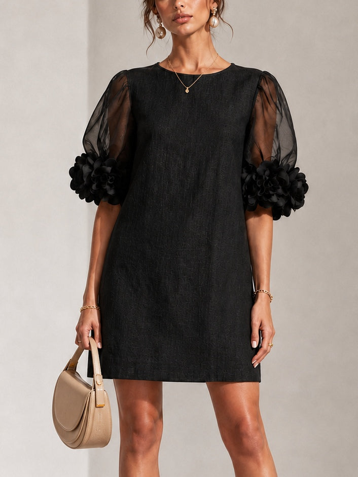 Aurea | Minidress in Organza Nera con Maniche Voluminose e Polsini a Fiore Imponenti
