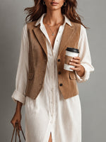 Completo di Vestito Midi in Velluto Marrone e Camicia Bianca a Due Pezzi