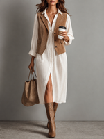 Completo di Vestito Midi in Velluto Marrone e Camicia Bianca a Due Pezzi